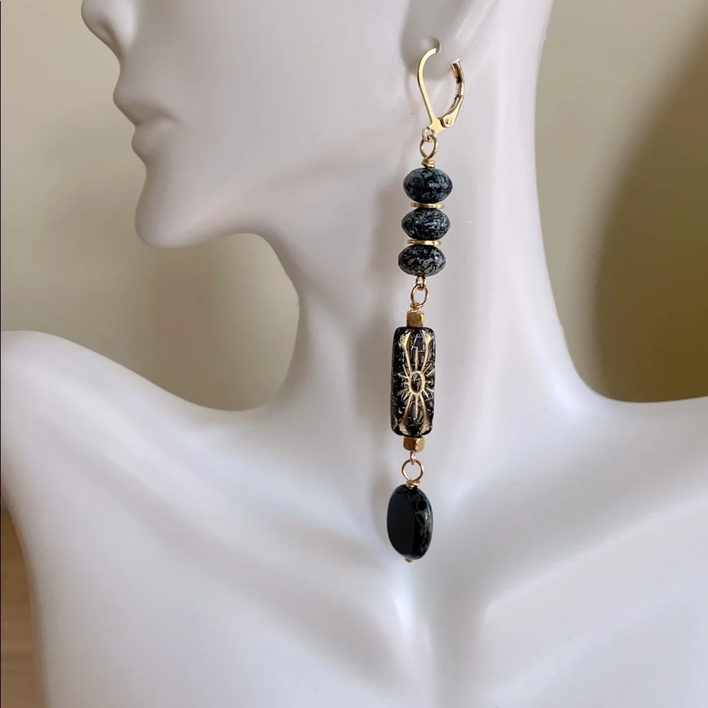 HAND CRAFTED CZECH GLASS EARRINGS Black Gold Long Bohemian Dangles